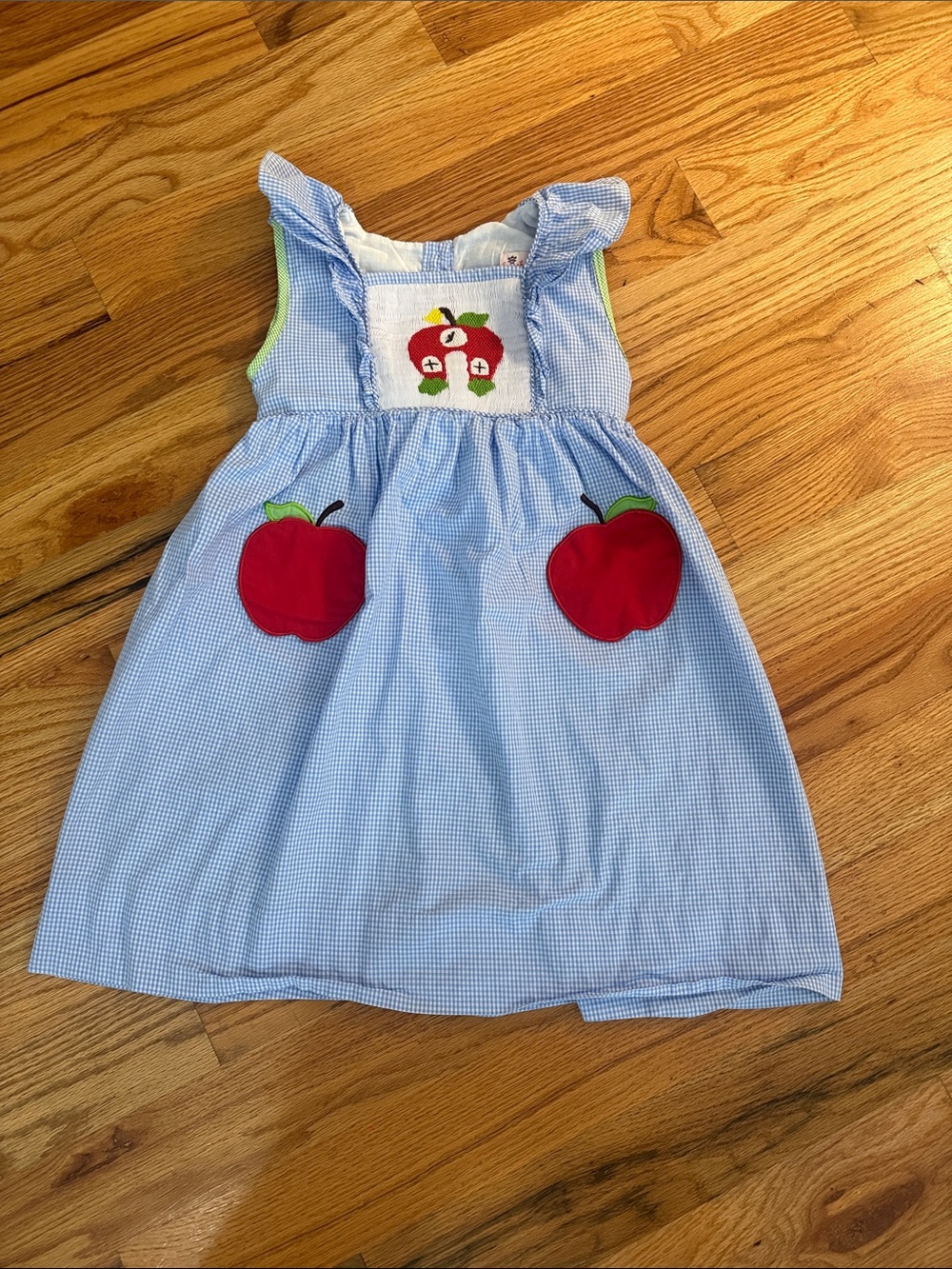 Blue Gingham Apple Applique Kids Dress